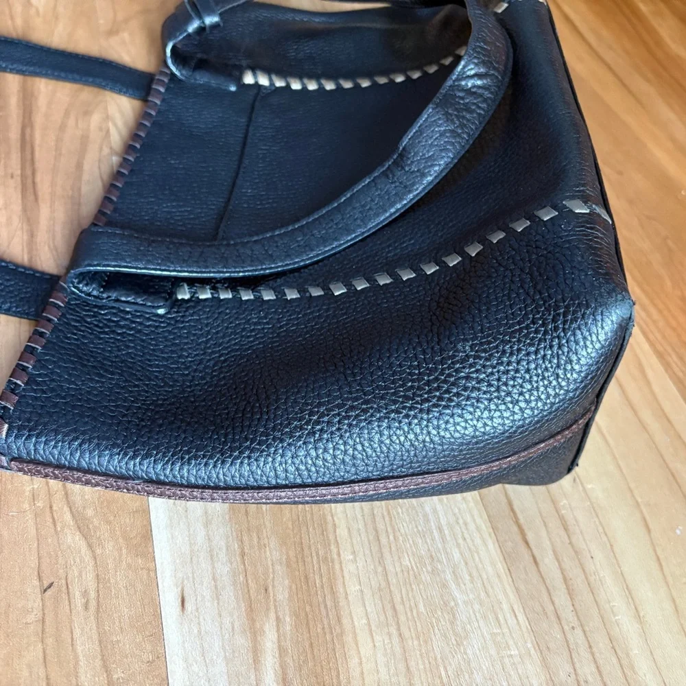 Brighton Black Pebbled Leather Handbag with Top Stitching Accents